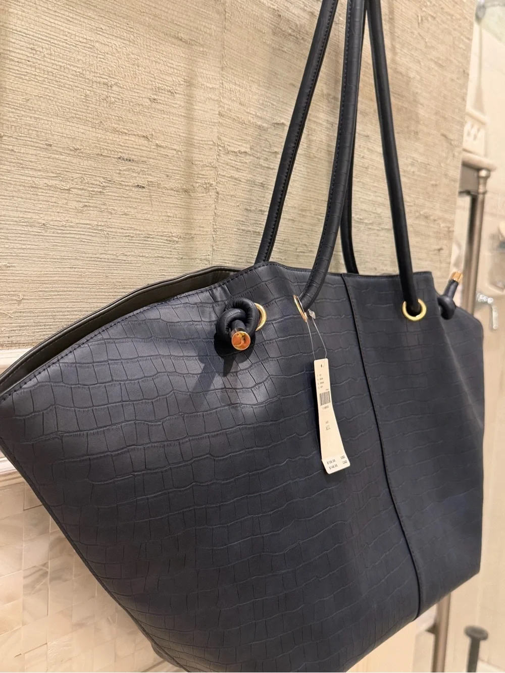 NWT new Anthropologie Maeve embossed croc tote bag navy blue huge